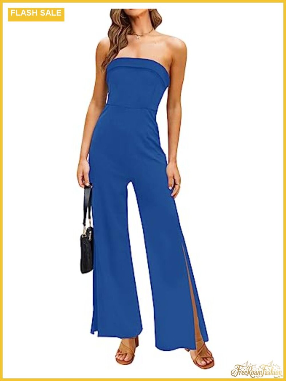 Off Shoulder Strapless Jumpsuit Wide Leg Side Slit Romper with Pockets